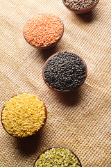 Poster - Variety of raw pulses and legume in bowl, top view