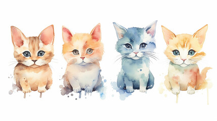 Wall Mural - multicolored watercolor cats on a white background isolated.  AI