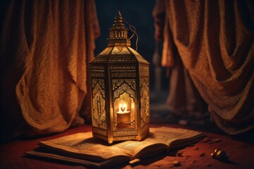 Wall Mural - Image of an ornamental Arabic lantern with a lit candle against a dark backdrop, ideal for festive Ramadan Kareem greeting cards or invitations. Created with generative AI tools