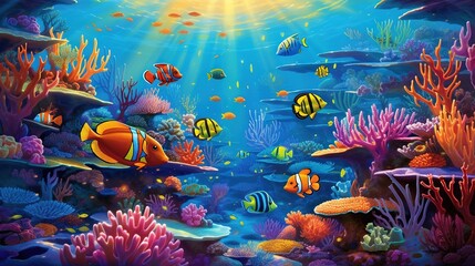 Wall Mural -  a painting of a coral reef with fish and corals.  generative ai
