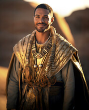 Portrait Of An Egyptian In Royal Clothes. Handsome Smiling Arabic Guy Wearing In Expensive Historical Clothes. 