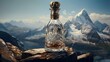  a bottle of whiskey sitting on top of a rock in the mountains.  generative ai