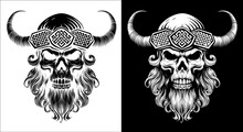 A Viking Skull Skeleton Warrior Or Barbarian Gladiator Man Mascot Face Looking Strong Wearing A Helmet. In A Retro Vintage Woodcut Style.