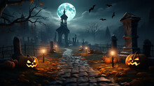 Halloween Festival And Pumpkins In The Cemetery On A Night With Ghosts In The Night - Halloween Background