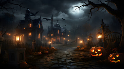 Halloween festival and pumpkins in the cemetery on a night with ghosts in the night - Halloween background