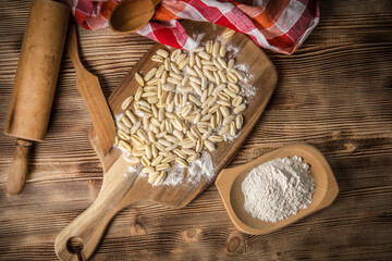 Fresh uncooked cavatelli pasta.