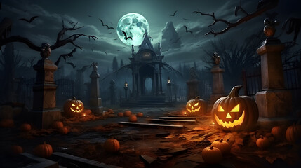 Wall Mural - Halloween festival and pumpkins in the cemetery on a night with ghosts in the night - Halloween background