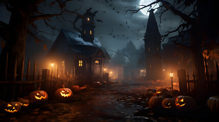 Wall Mural - Halloween festival and pumpkins in the cemetery on a night with ghosts in the night - Halloween background