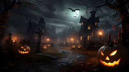 Wall Mural - Halloween festival and pumpkins in the cemetery on a night with ghosts in the night - Halloween background