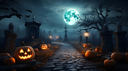 Wall Mural - Halloween festival and pumpkins in the cemetery on a night with ghosts in the night - Halloween background