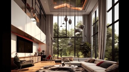 Wall Mural - A spacious modern loft living room with high ceiling and wooden straight stairs among the view of the trees. Generative AI AIG27.