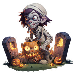 Wall Mural -  cartoon mummy zombie Holding a glow-eyed Jack-o'-Lantern in a cemetery, Halloween (isolated) PNG transparent on white background ai generated