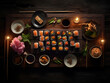Beautiful sushi set on dark wood table with candles in background. Ai generated.
