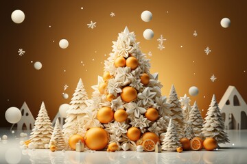 Wall Mural - Christmas tree made of oranges and snowflakes, created with generative AI 