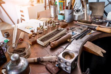 Wall Mural - Instruments kit in a large workshop for the manufacture of handmade jewelry