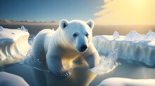 Sad White Polar Bear At The North Pole. Global Warming And Environmental Danger And Damage. Sustainability. AI Generative.