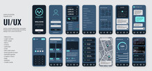UI UX Mobile App Template With Dark Blue Colors, Include Logo, Log In Page, Map, Goods List And Other Screens.