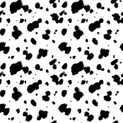 Poster - Abstract wild animal skin seamless pattern. Hand drawn vector black spots, blots and splotches. Dalmatian animal seamless pattern. Grunge irregular abstract texture with random hand drawn spots.