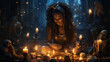 Voodoo Magic: A voodoo priestess casting spells under the moonlight, with candles, bones, and mystical objects, creating a Halloween scene full of mystique 