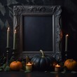 On a spooky wall, the flickering of an orange and black candlelight illuminates a harvest of pumpkins and squash, celebrating the season of halloween with a mysterious indoor vegetable display