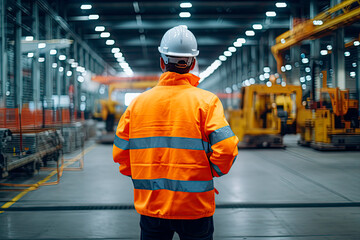 A man in a protective vest visits an aircraft factory. Back view	
