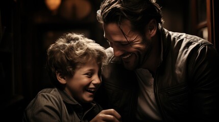 Happy moment of a father and son together at home.