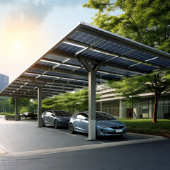 Poster - Parking with solar panels. Generative AI.