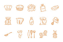 Baking Supplies Clipart Line Doodle. Kitchen Utensil. Home Bakery Cooking Hand Drawn Icons Set. Cartoon Vector Sketch Illustration