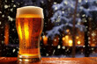 A glass of beer with beer head, view of pine trees and snow at night in winter, close up shot with copy space, no people, holiday concept.