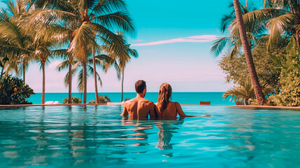 Wall Mural - Couple enjoying beach vacation holidays at tropical resort with swimming pool and coconut palm trees near the coast with beautiful landscape. 