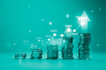 Wall Mural - Coins stacking and increasing graph and up arrow on green background for economic growth, dividend from investment and bank saving concept.