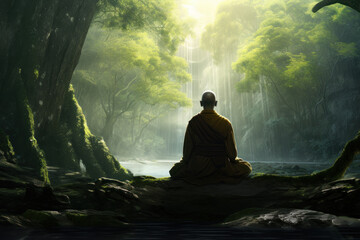 Wall Mural - Monk Meditating in Serene Ancient Forest