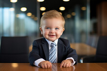 Picture Made With Generative Ai Cute Business Baby Boy In Suit Working In Office Joyfully Smiling