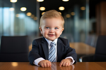 Wall Mural - picture made with generative ai cute business baby boy in suit working in office joyfully smiling