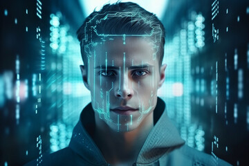 Poster - generative ai collage photo of guy scanning face for entry in global network holographic effect