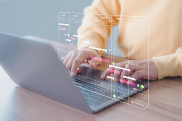 Poster - Business man working data analytics with computer in business management system to make report with KPI and metrics connected to database. Corporate strategy for finance, marketing, operations, sales.