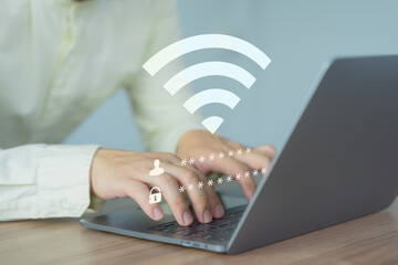 Poster - User using a computer laptop to connect to wifi but wifi not connected or password is incorrect and waiting to loading digital data form website, concept technology of waiting for connect to wifi.