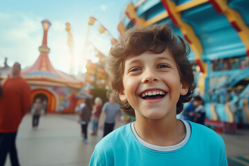 Wall Mural - Generative AI illustration funny little kid visiting amusement park summer holidays joyfully smiling best day leisure