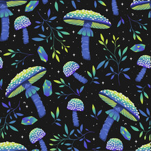 Magic Green Mushrooms Pattern. Crystals And Herbs. For Wallpaper, Printing On Fabric, Wrapping
