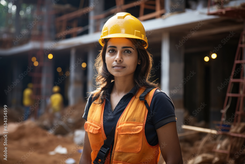 Sivil Helper Indian woman civil engineer at work, posing in front of house being ...