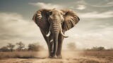 Fototapeta  - African elephant bull with long ivory tusks walking down dry savannah landscape during hot summer day, large and intimidating wildlife, Kalahari safari region - generative AI