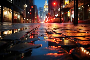 Liquid Illusion: Immerse in the Hypnotic Illusion Created by a Solitary Puddle, Mirroring the Electric Hues of Neon Lights in the Bustling City