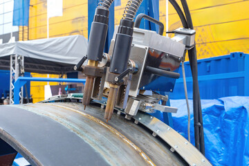 Poster - pipe welding. automatic pipeline connection equipment. autonomous welding machine on pipe. equipment