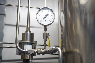 Poster - gas pressure gauge. propane supply equipment. mechanical pressure sensor. thin steel tubes with fitt