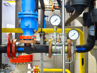 Poster - gas equipment. pipes for propane. industrial premises with gas pipes. gas compressor station fragmen