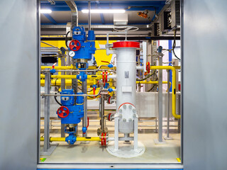 Poster - interior chemical factory. industrial pipes. basement in industrial enterprise. manometers and valve