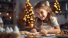 Happy Funny Little Girl Bake Christmas Cookies On Cozy Kitchen At Home . Design Ai