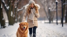 A Girl Walks Her Pet In A Snowy Park. Active Winter Holidays Concept. Design Ai