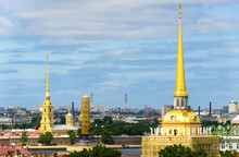 Skyline Of Saint Petersburg, Russia. Golden Spires Of Admiralty And Peter And Paul Cathedral