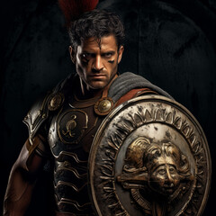 A Roman gladiator with a sword and a shield